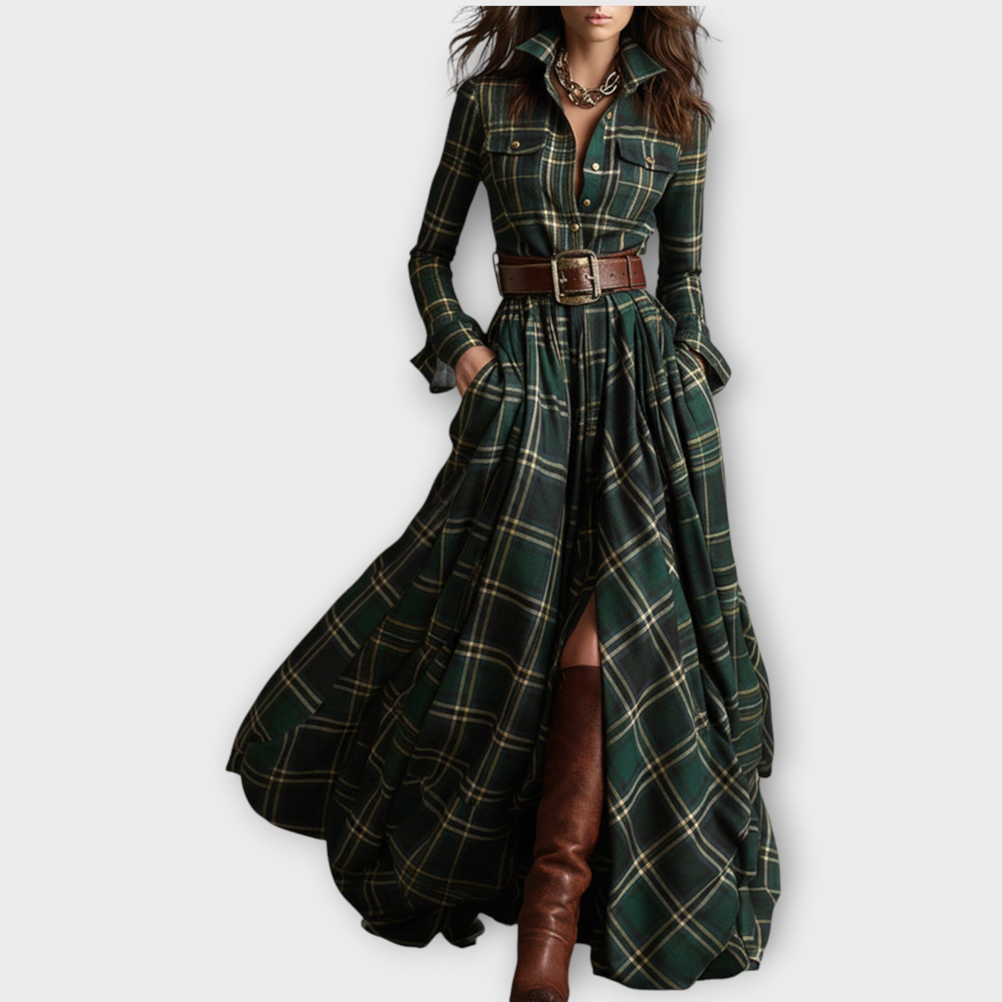 Robe Maxi à Carreaux Rétro