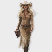 Robe Midi à Franges Western avec Taille Ceinturée