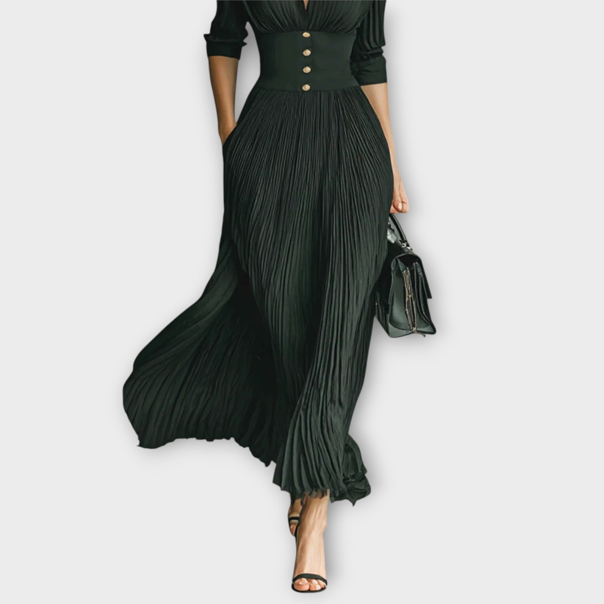 Robe maxi élégante à col à revers et manches longues plissées