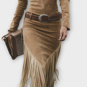 Robe Midi à Franges Western avec Taille Ceinturée
