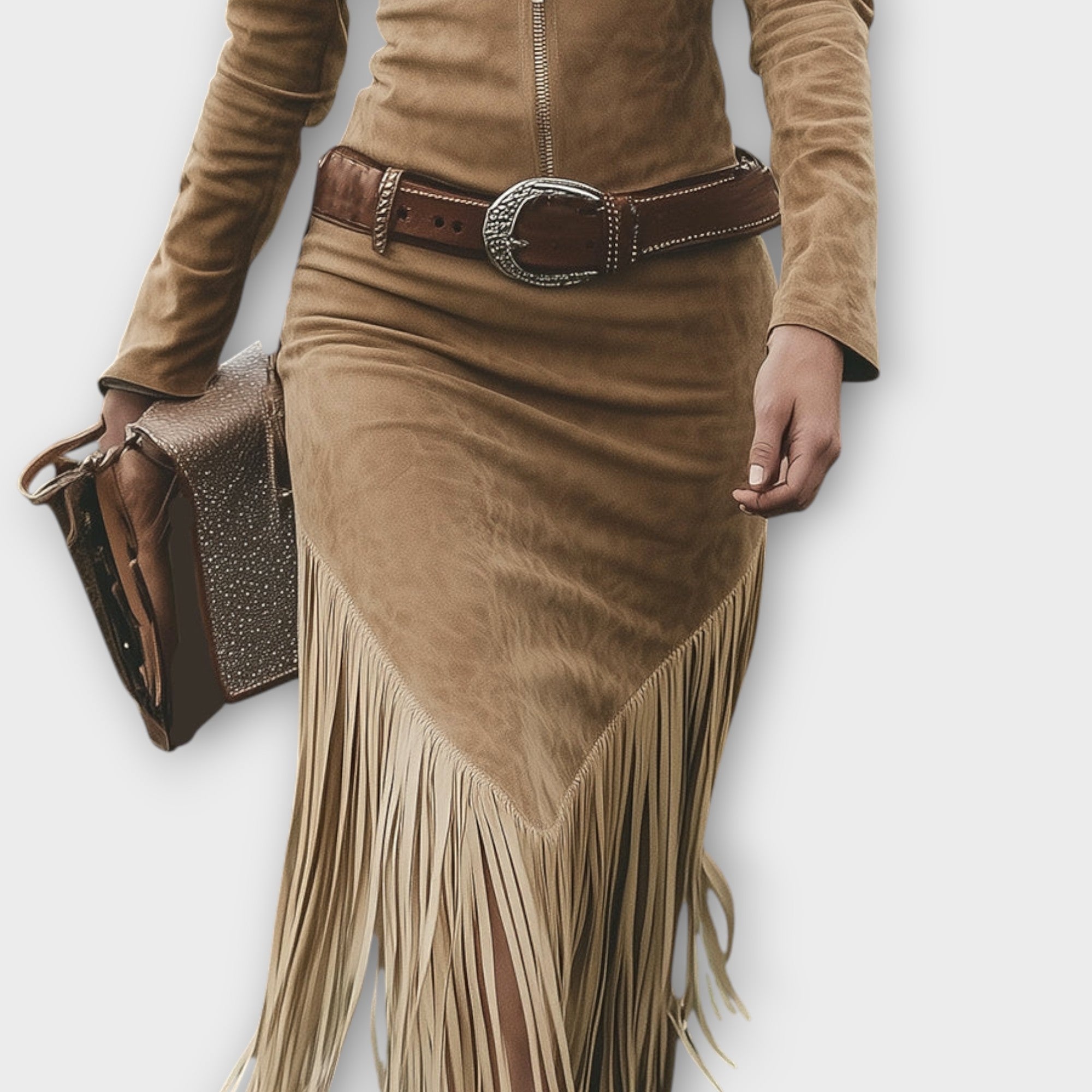 Robe Midi à Franges Western avec Taille Ceinturée