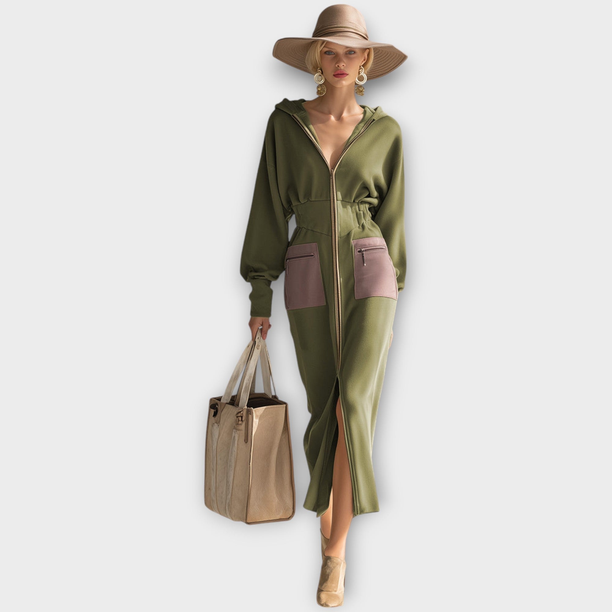 Robe Maxi Zippée avec Poches Contrastées