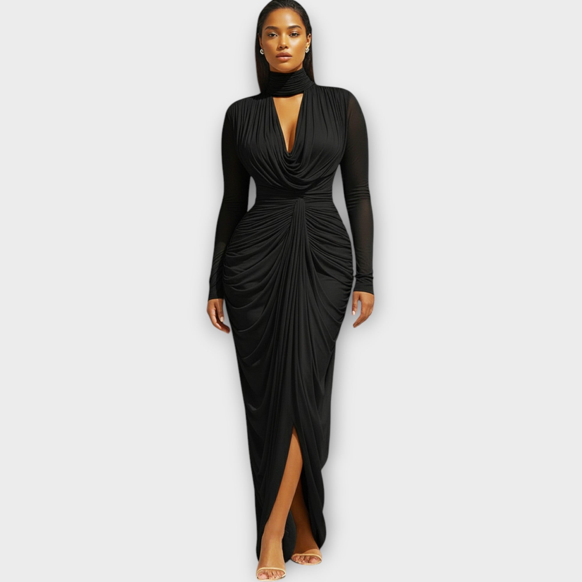 Robe de Soirée Élégante à Col Montant Drapée