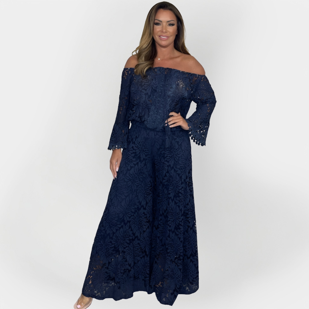 Combinaison Longue avec Design Off-Shoulder et Dentelle