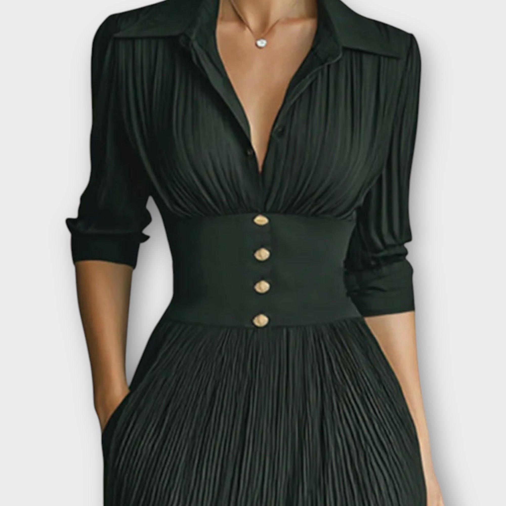 Robe maxi élégante à col à revers et manches longues plissées