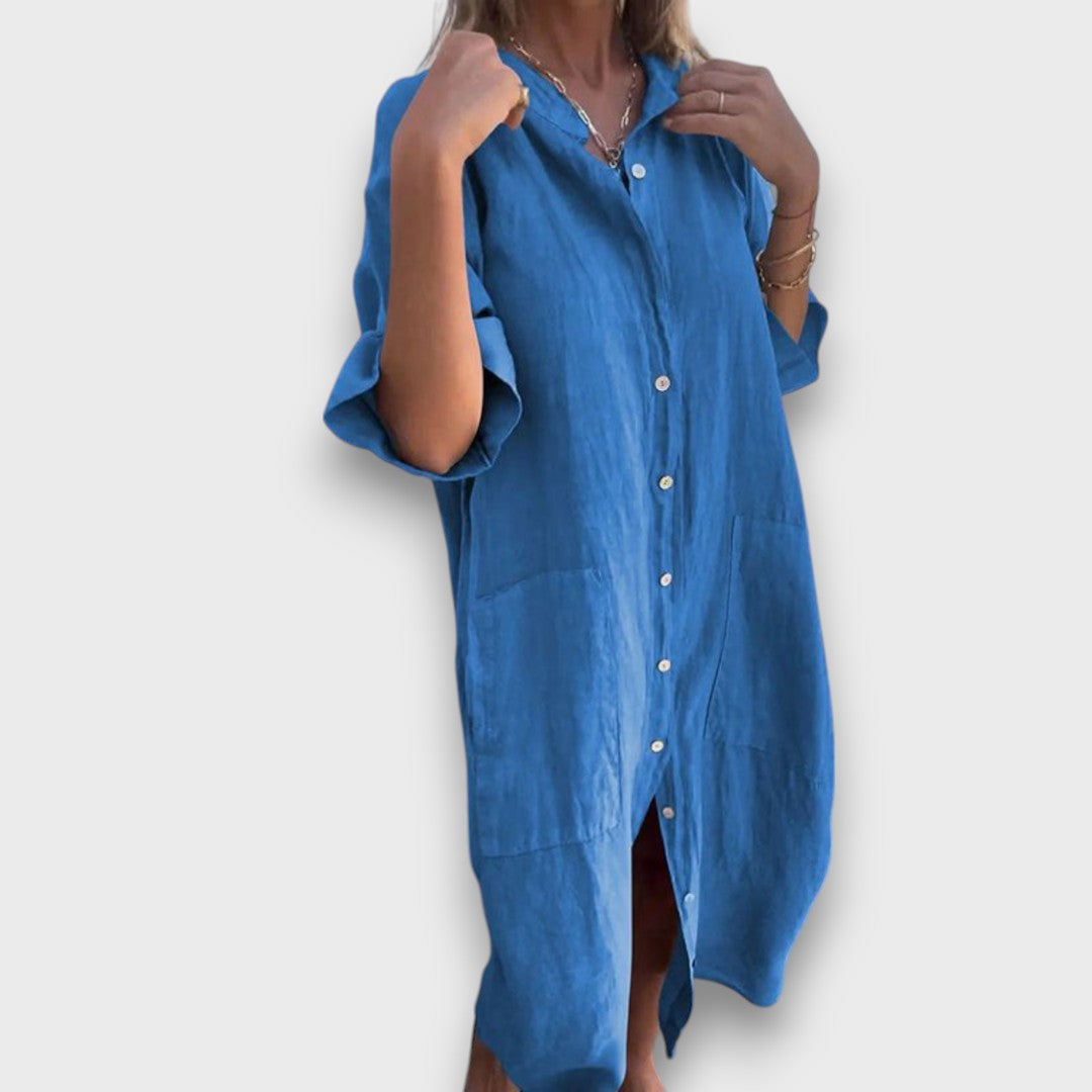 Robe Chemise en Lin avec Boutons et Poches