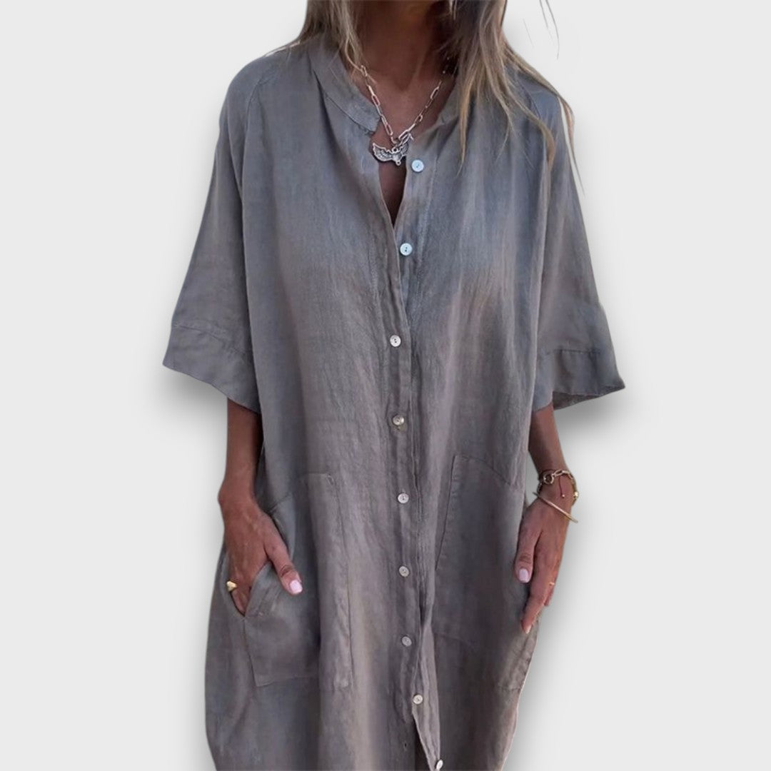Robe Chemise en Lin avec Boutons et Poches