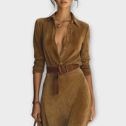 Robe Maxi en Suède Élegante Avec Ceinture