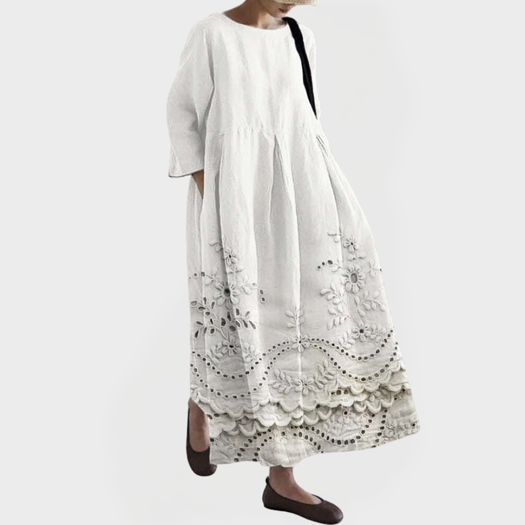 Robe Maxi Élégante en Lin avec Dentelle Florale Brodée