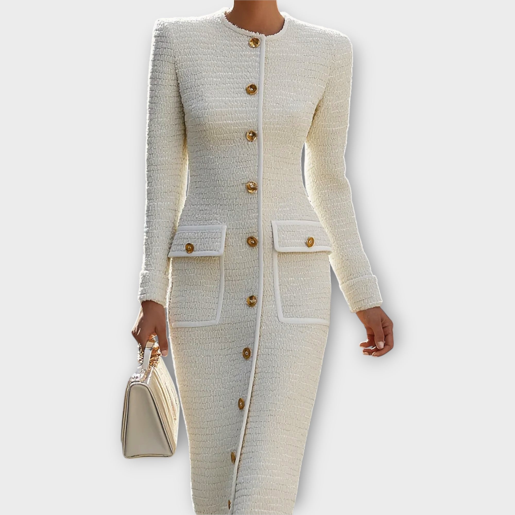 Robe Midi en Tweed avec Boutons Élégants