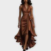 Robe Satinée à Dos Nu avec Ceinture Drapée