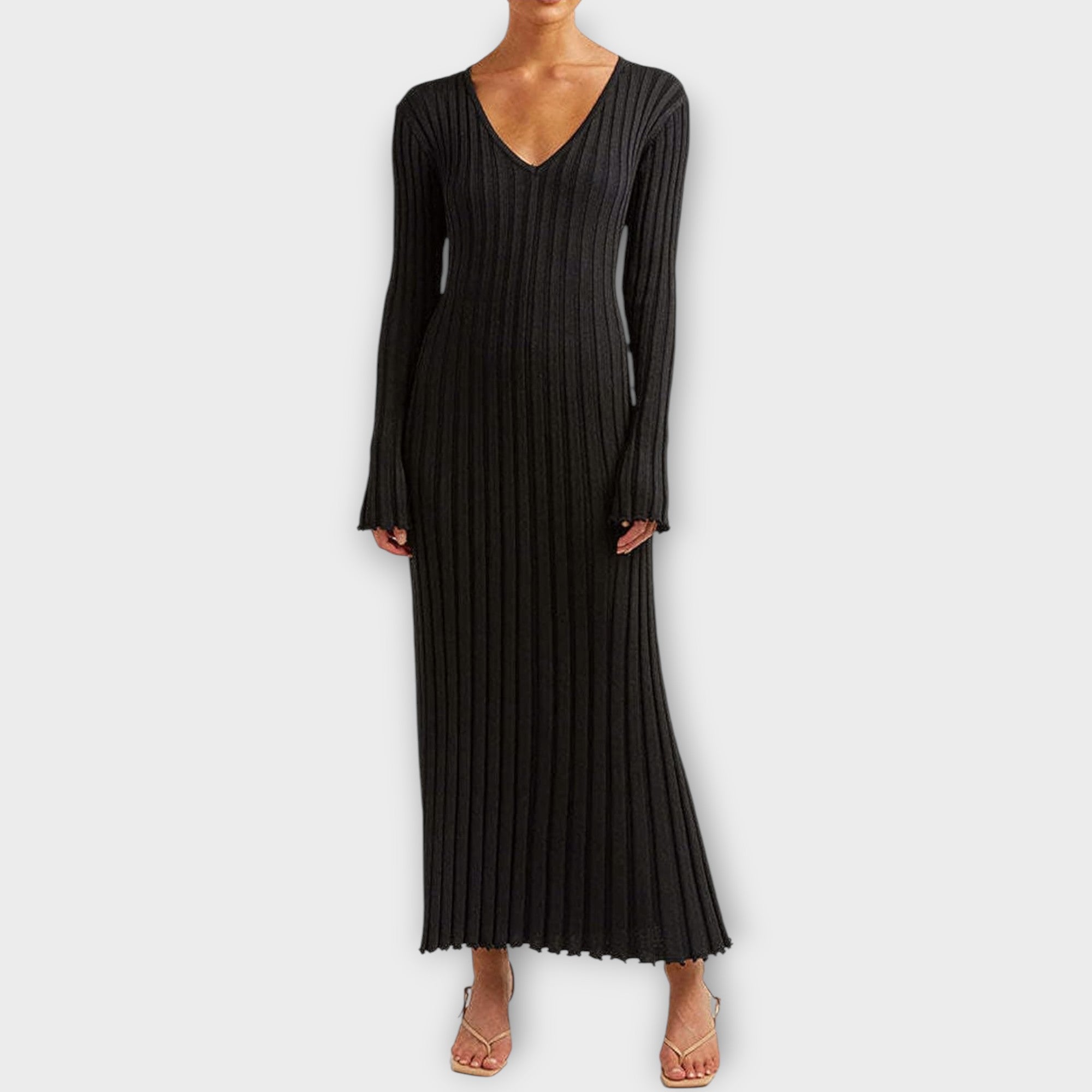 Robe Maxi Évasée en Tricot Côtelé