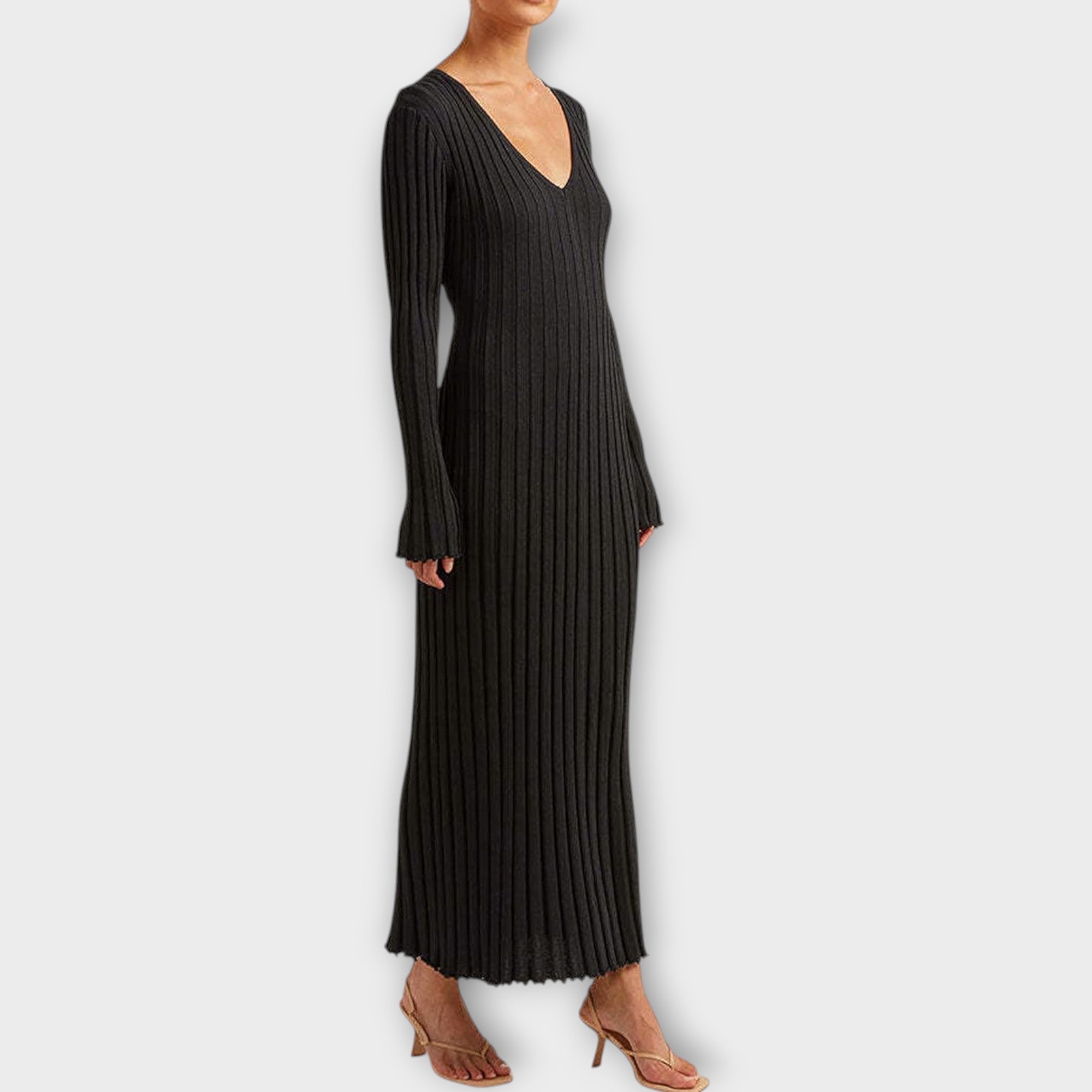 Robe Maxi Évasée en Tricot Côtelé