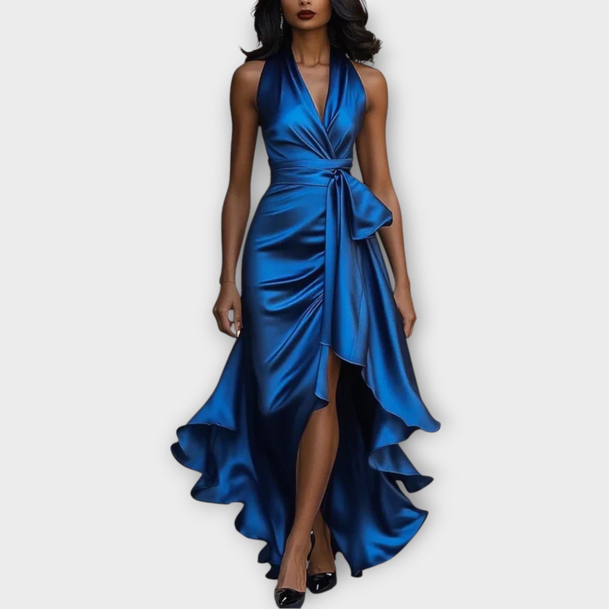 Robe Satinée à Dos Nu avec Ceinture Drapée