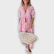 Robe Boho Aérée avec Manches 3/4 et Décolleté en Dentelle