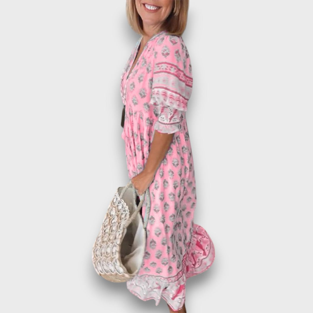 Robe Boho Aérée avec Manches 3/4 et Décolleté en Dentelle