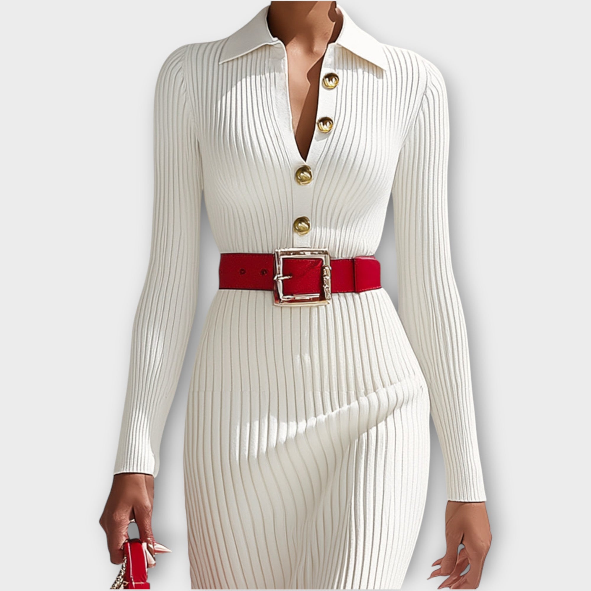 Robe midi en tricot côtelé élégant avec détails en boutons dorés