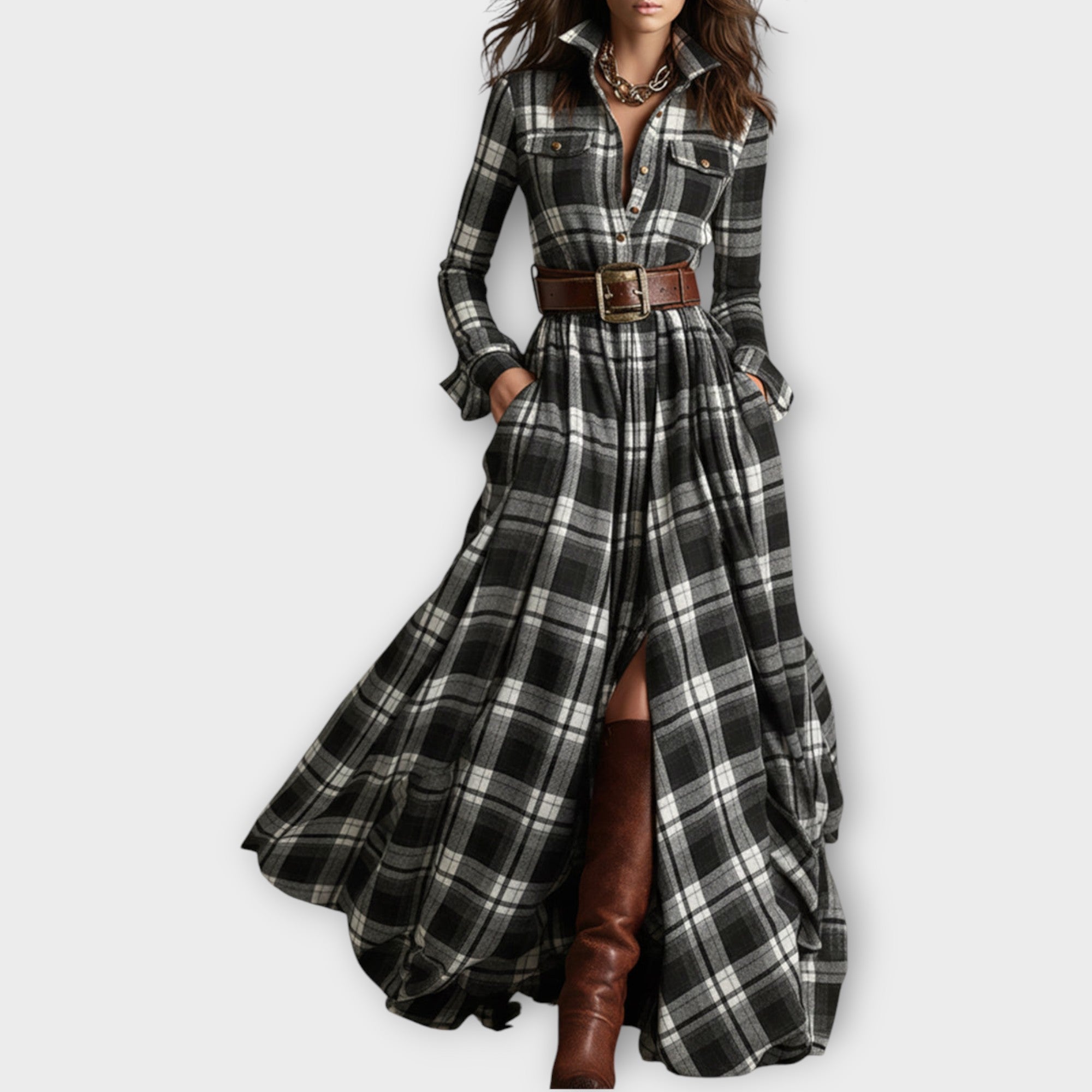 Robe Maxi à Carreaux Rétro