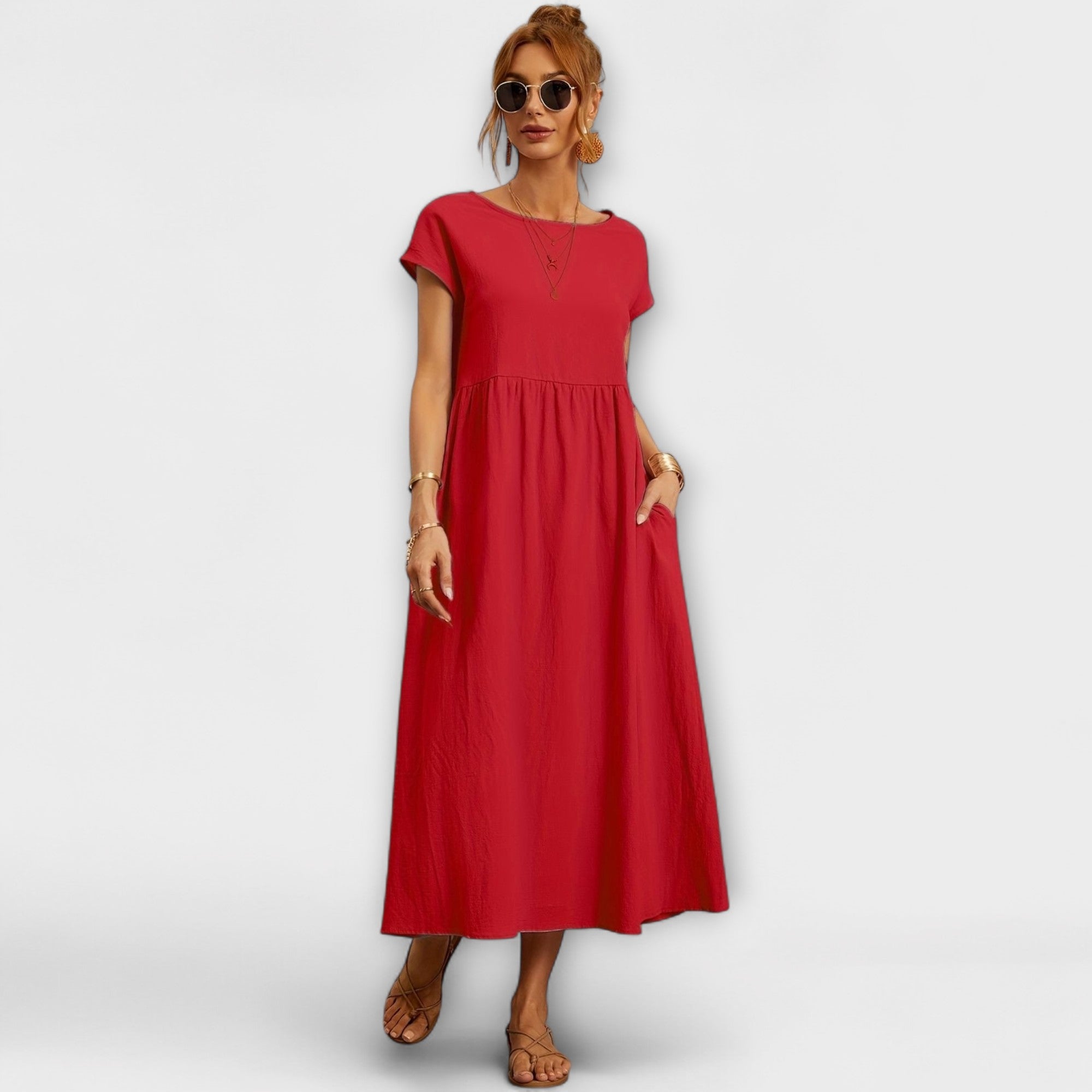 Robe Midi avec Ligne Simple et Poches Latérales