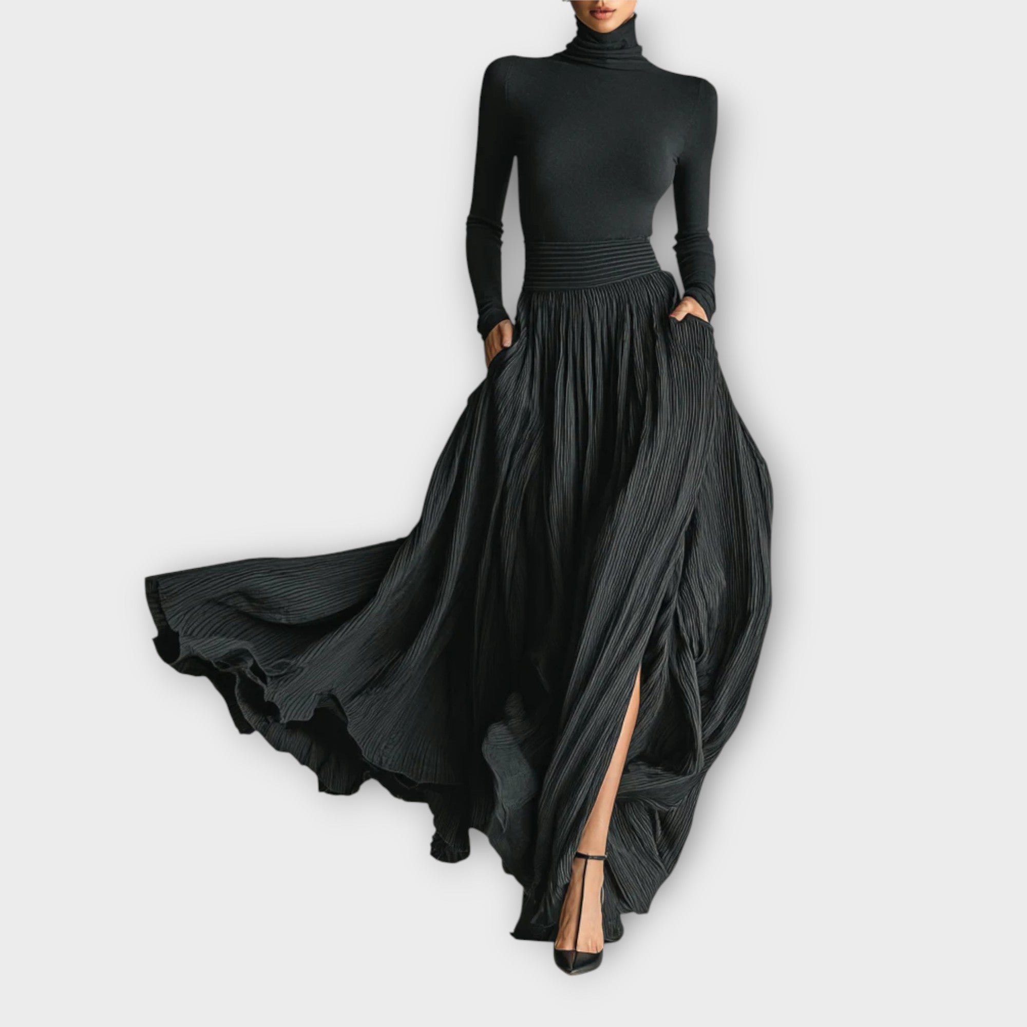 Ensemble Jupe Maxi Noire Élégante et Haut Col Roulé