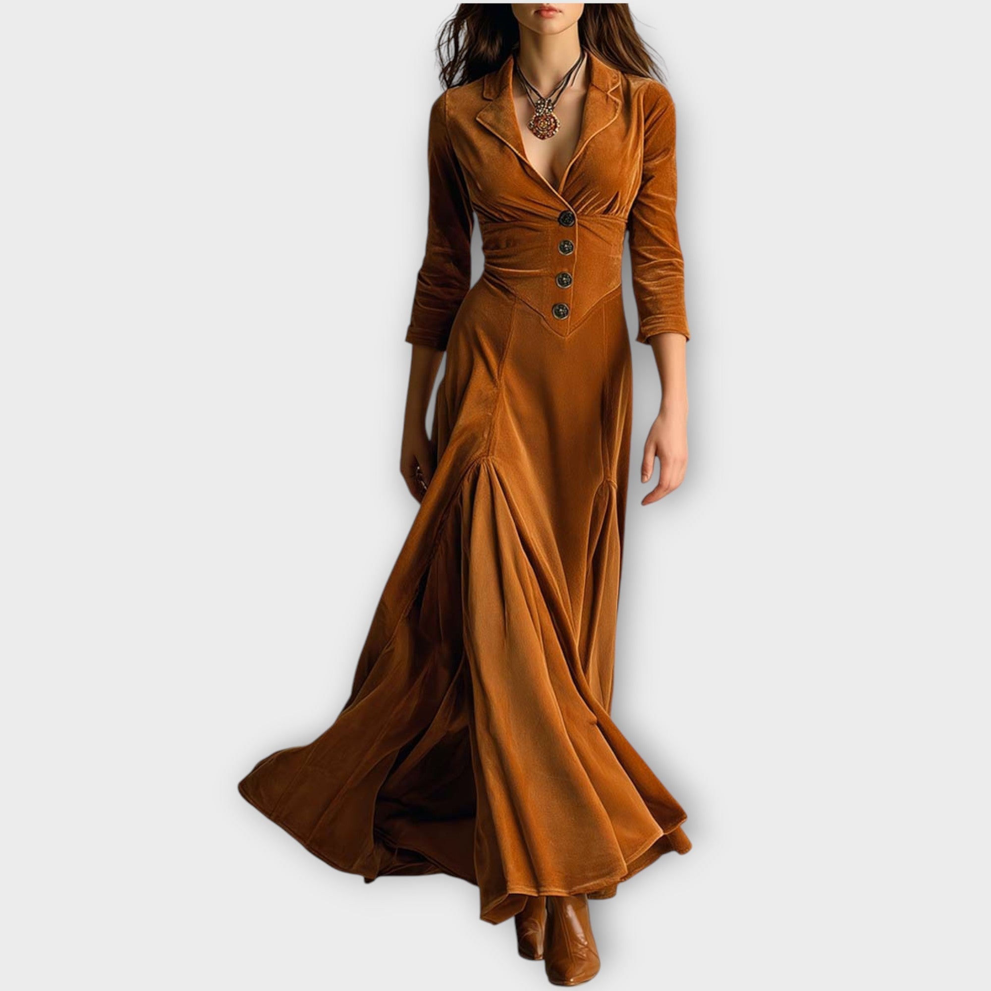 Robe Maxi Vintage en Velours Boutonnée