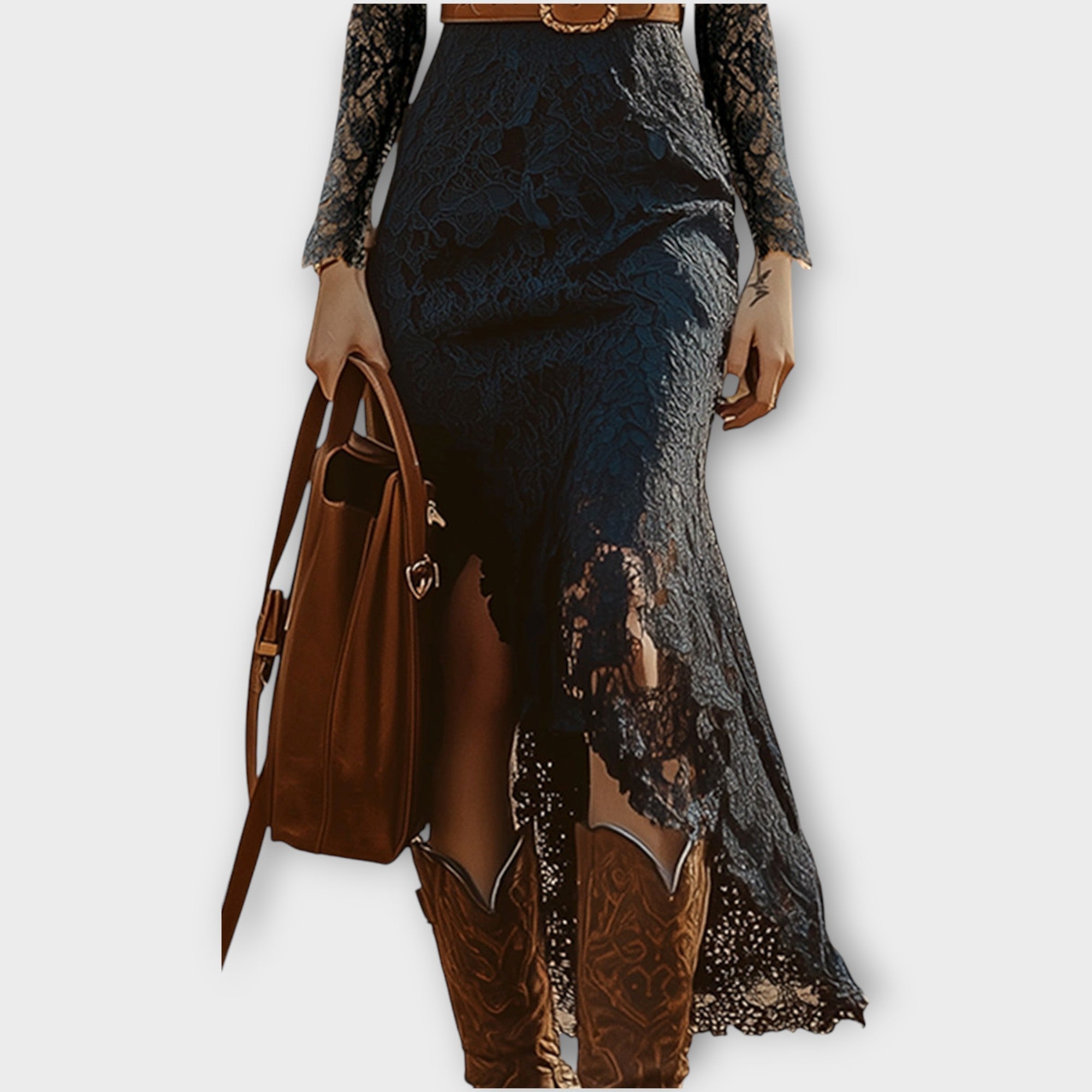 Robe Midi en Dentelle Bohème Vintage à Manches Longues