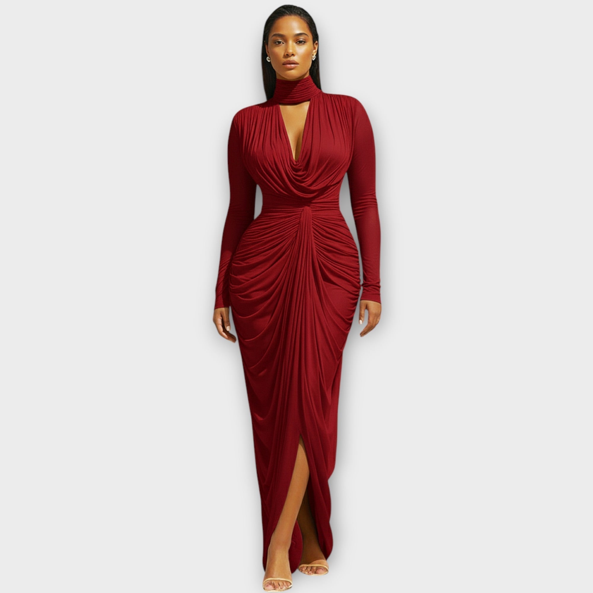 Robe de Soirée Élégante à Col Montant Drapée