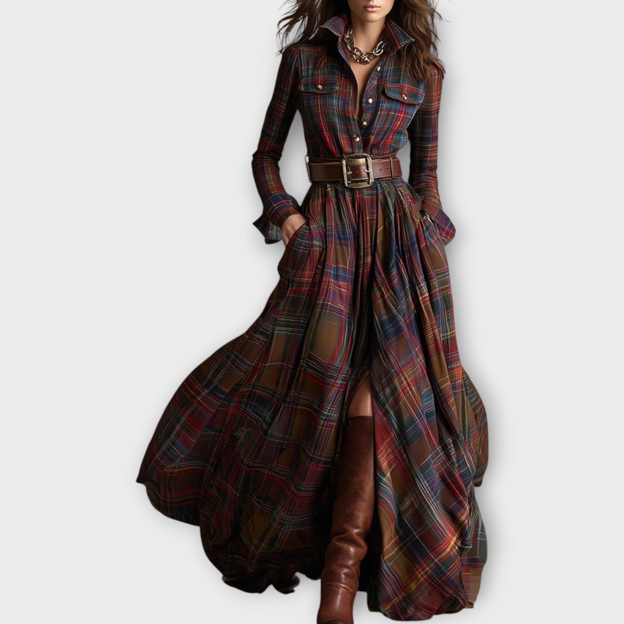 Robe Maxi à Carreaux Rétro