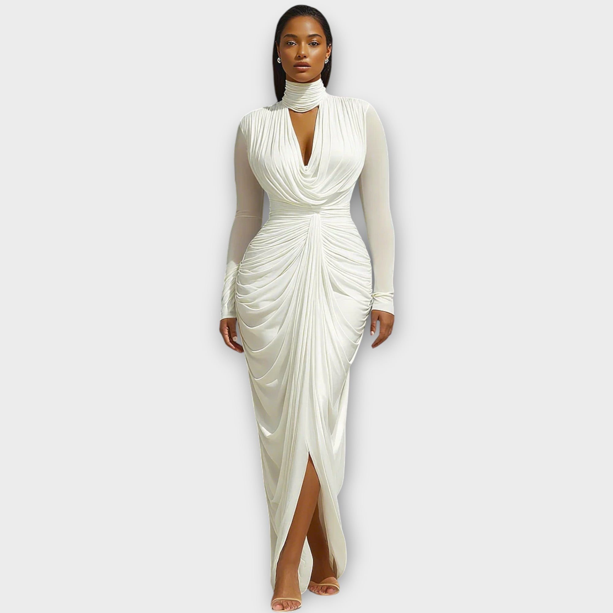 Robe de Soirée Élégante à Col Montant Drapée