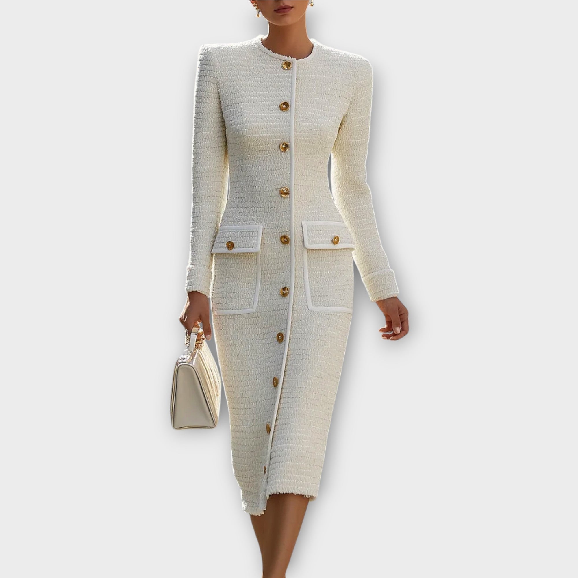 Robe Midi en Tweed avec Boutons Élégants