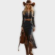 Robe Midi en Dentelle Bohème Vintage à Manches Longues