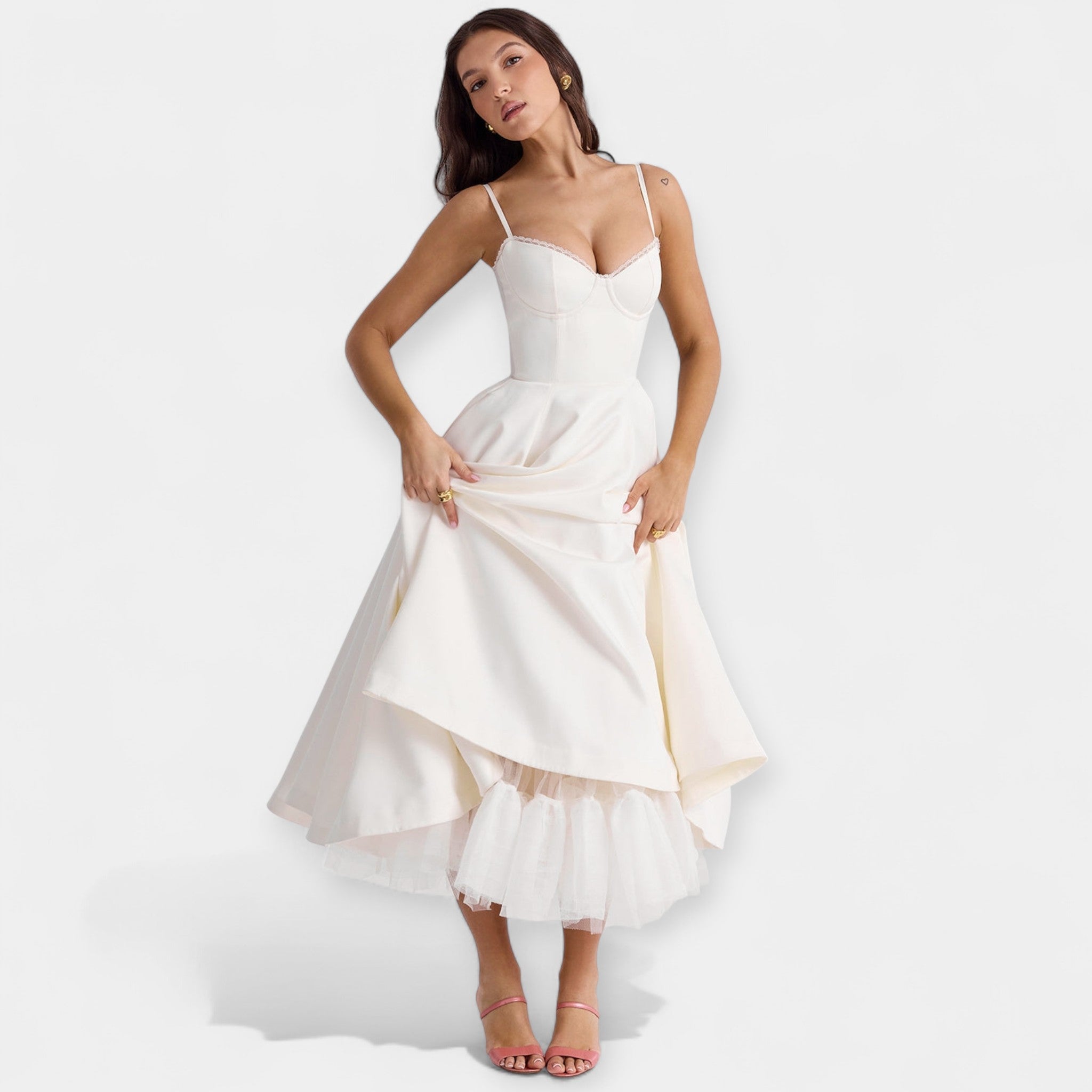 Robe Midi avec Détails en Tulle Transparent